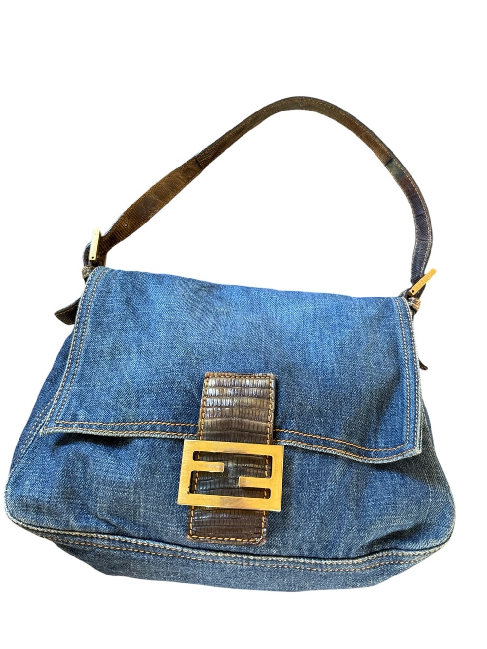 Vintage Fendi Denim & Lizzard Trim Mamma Baguette Bag